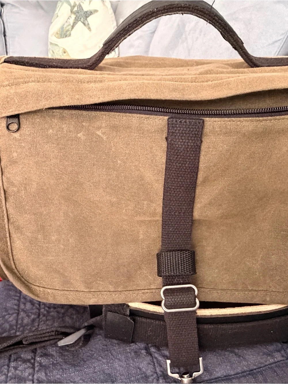Canvas Messenger Bag /Camera Bag in Green  with Black Strap, Orange trim